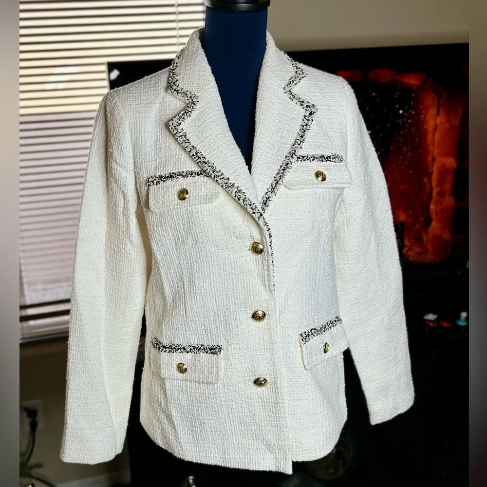 EUC Talbots Cream Tweed Blazer w/ Fringe Trim